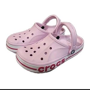 Women's Bayaband Crocs Shoes Pink And White Clogs Size 8 Back Strap